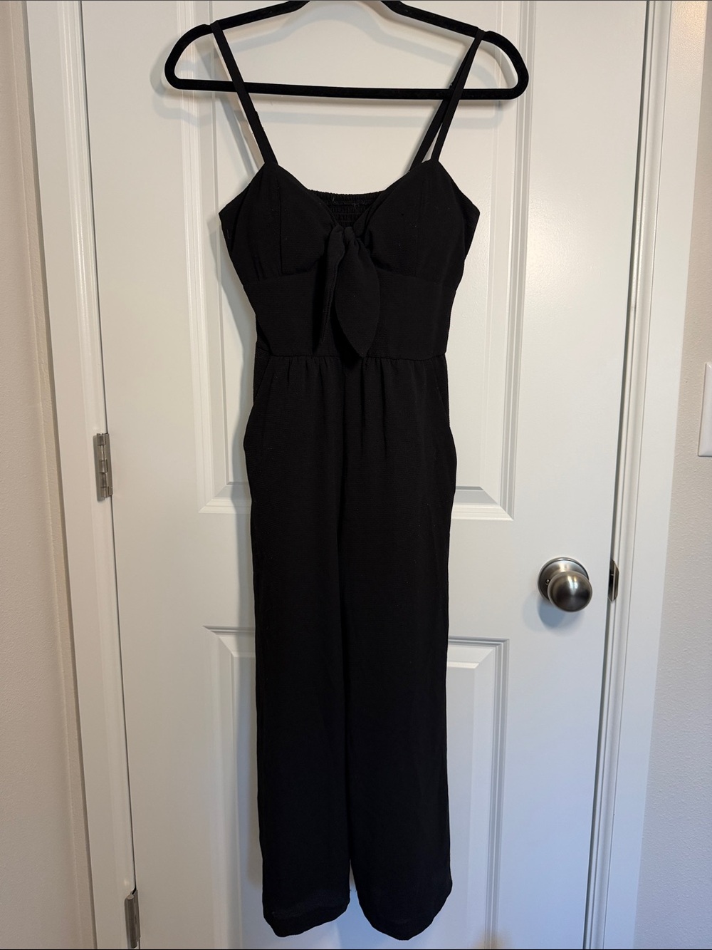 Black Smocked Bodice Wide-Leg Jumpsuit with Spaghetti Straps